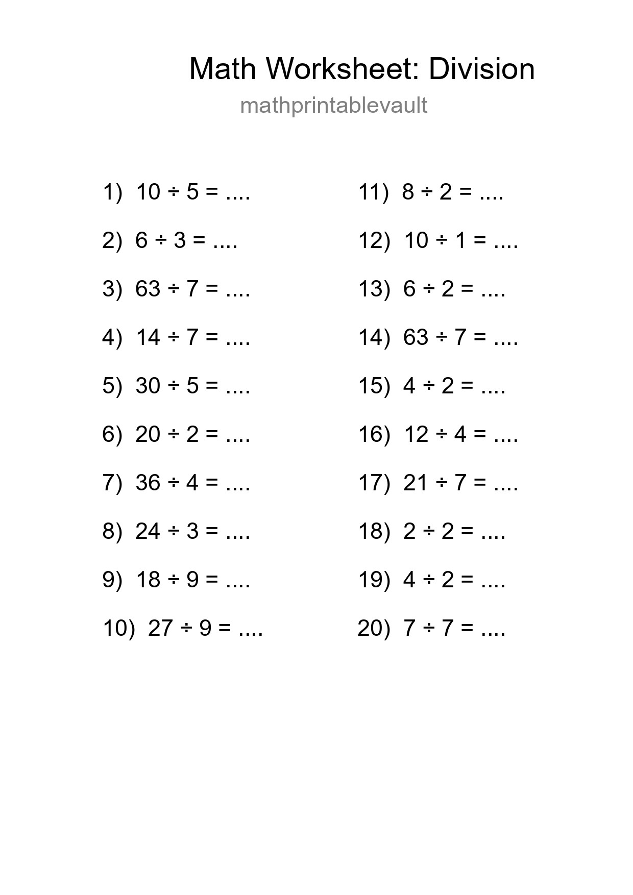 Printable Free 20 Division Math Worksheet For Grade 1 - Part 4