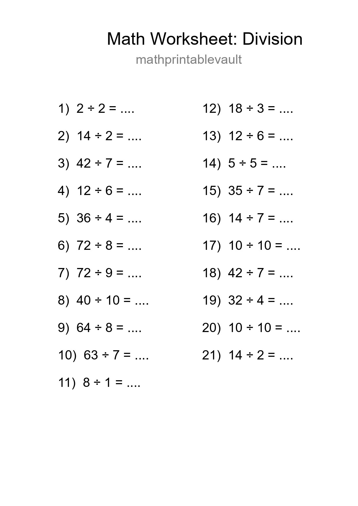 Printable Free 21 Division Math Worksheet For Grade 1 - Part 59