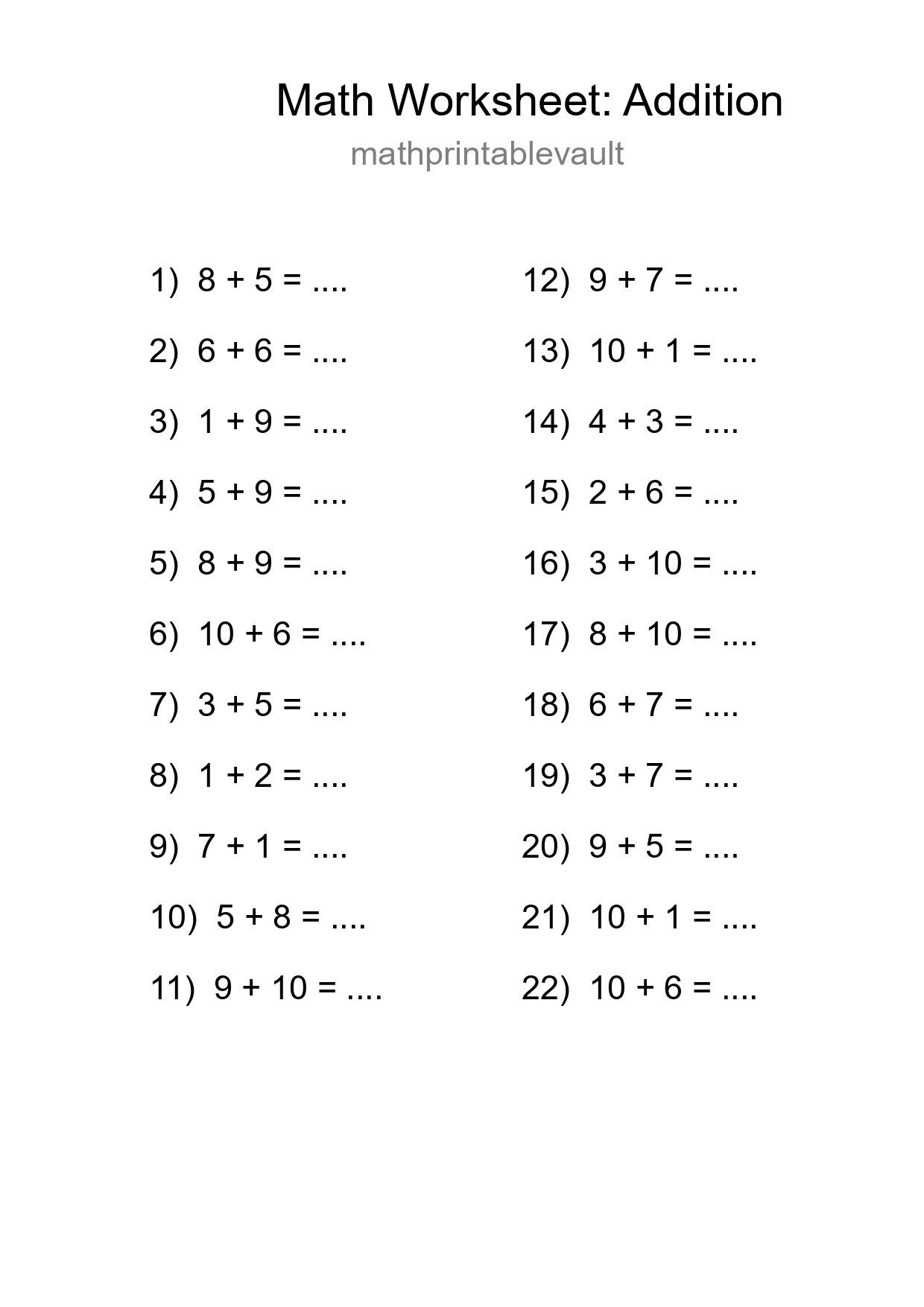 Printable Addition Worksheet for Grade 1
