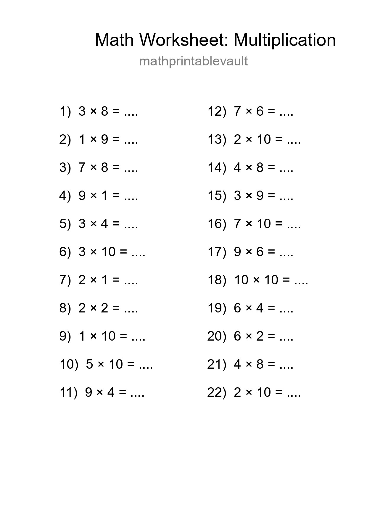 Printable Multiplication Worksheet for Grade 1