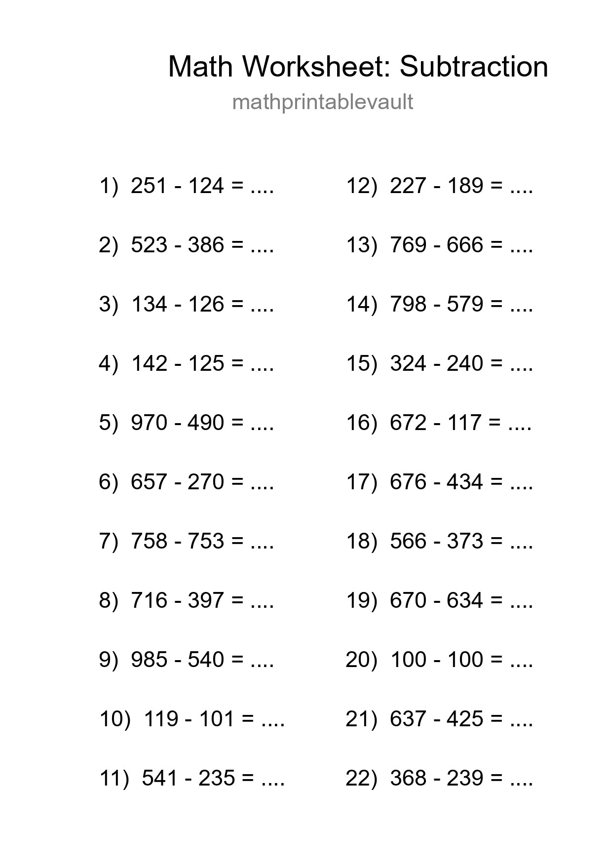 Printable Subtraction Worksheet for Grade 5