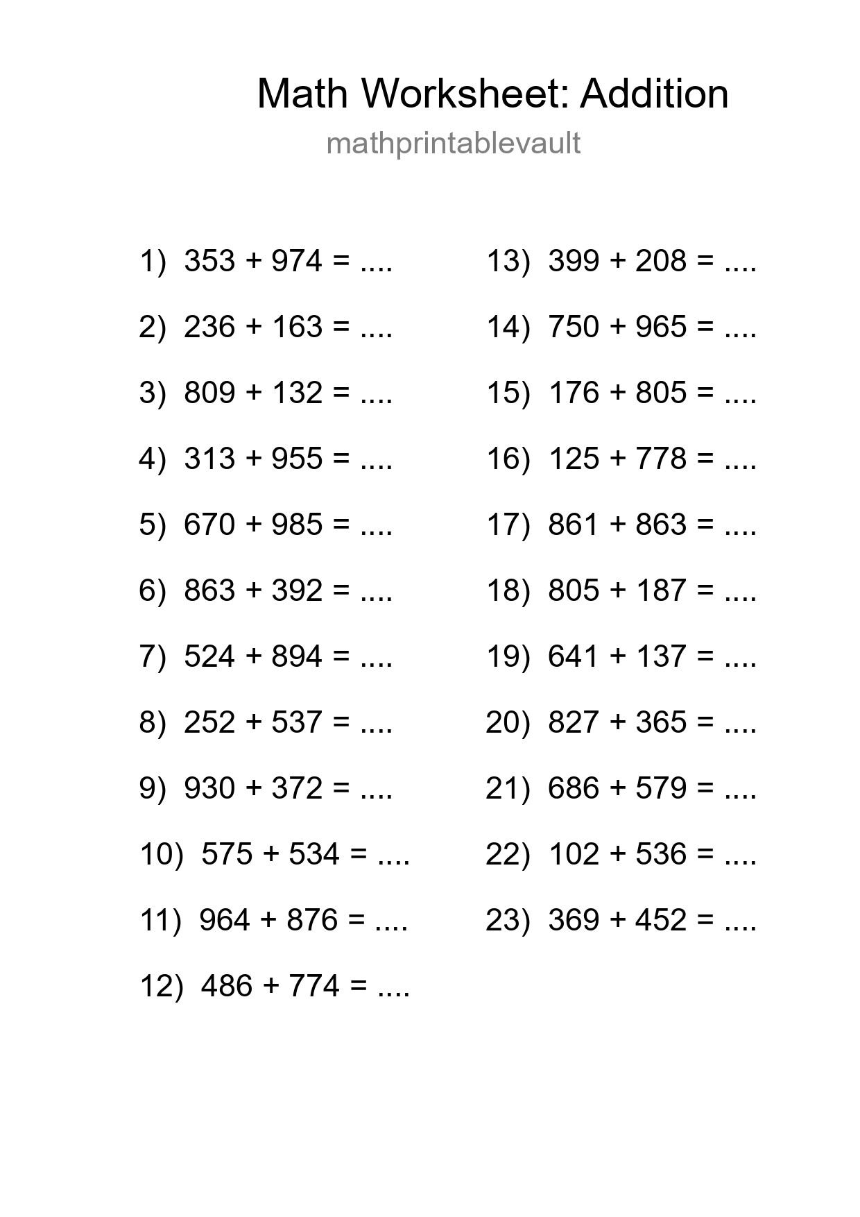 Printable Free 23 Addition Math Worksheet For Grade 5 - Part 122
