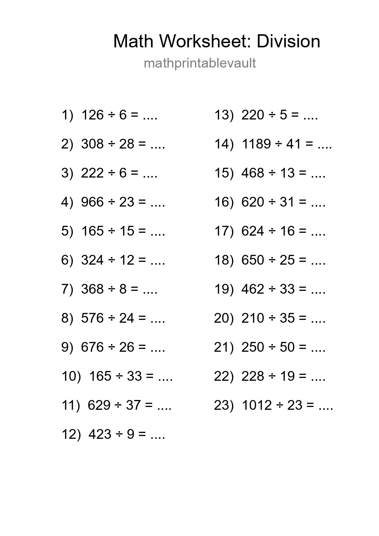 Printable Division Worksheet for Grade 2