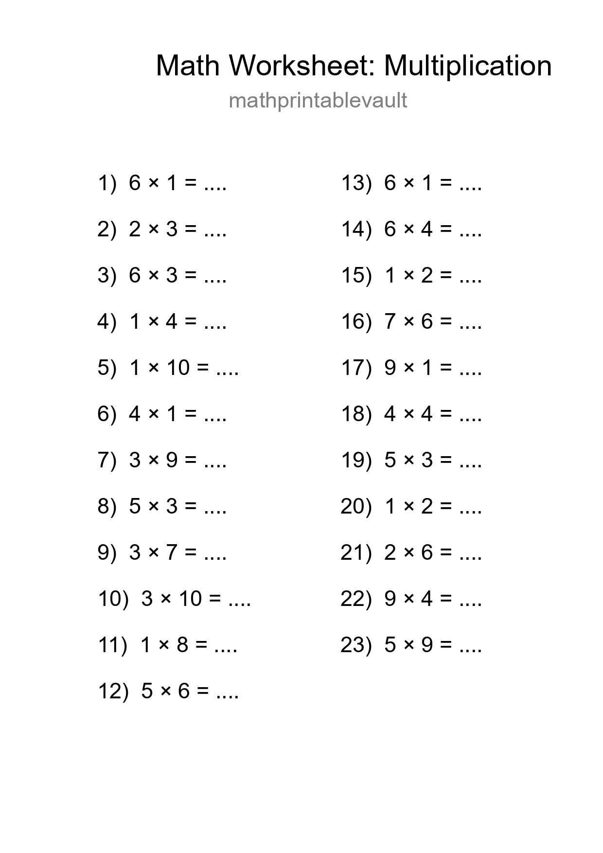 Printable Multiplication Worksheet for Grade 1