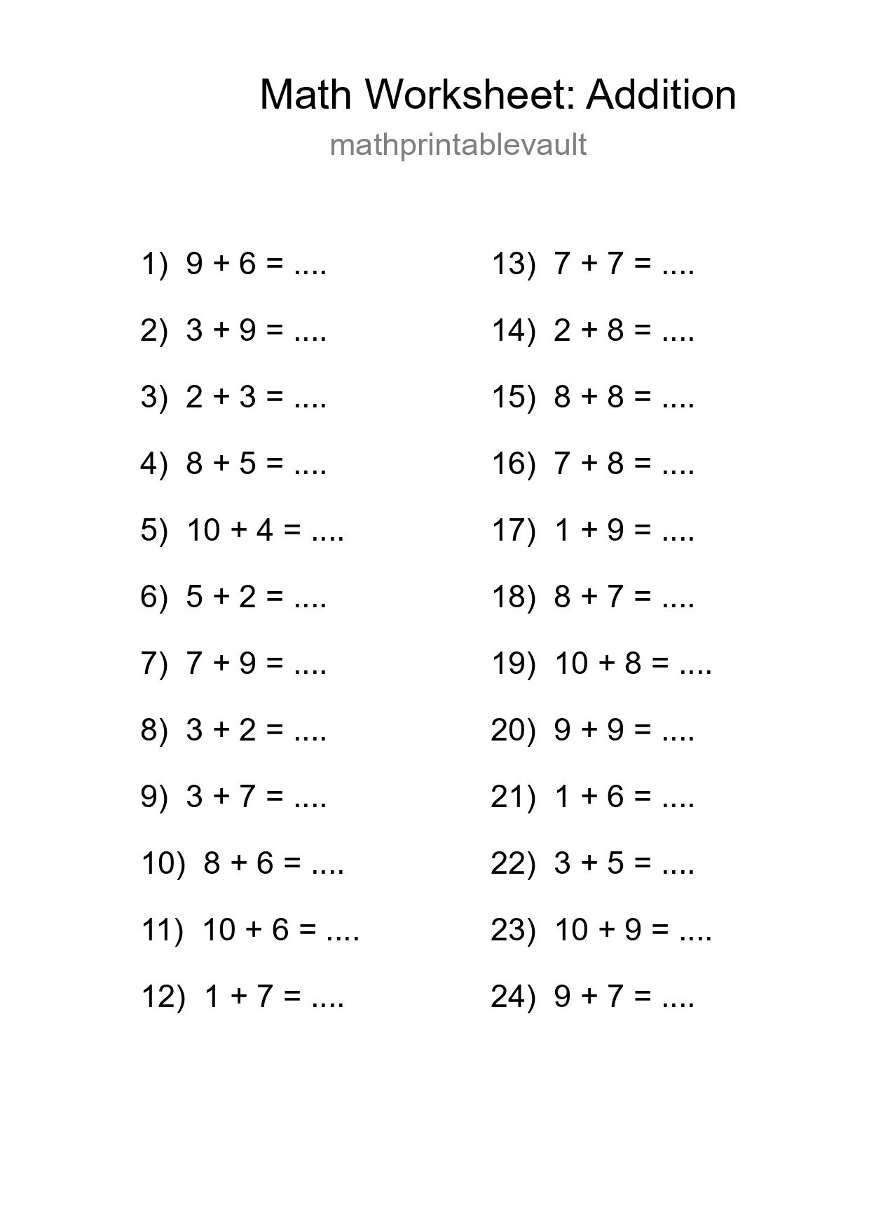 Printable Free 24 Addition Math Worksheet For Grade 1 - Part 89