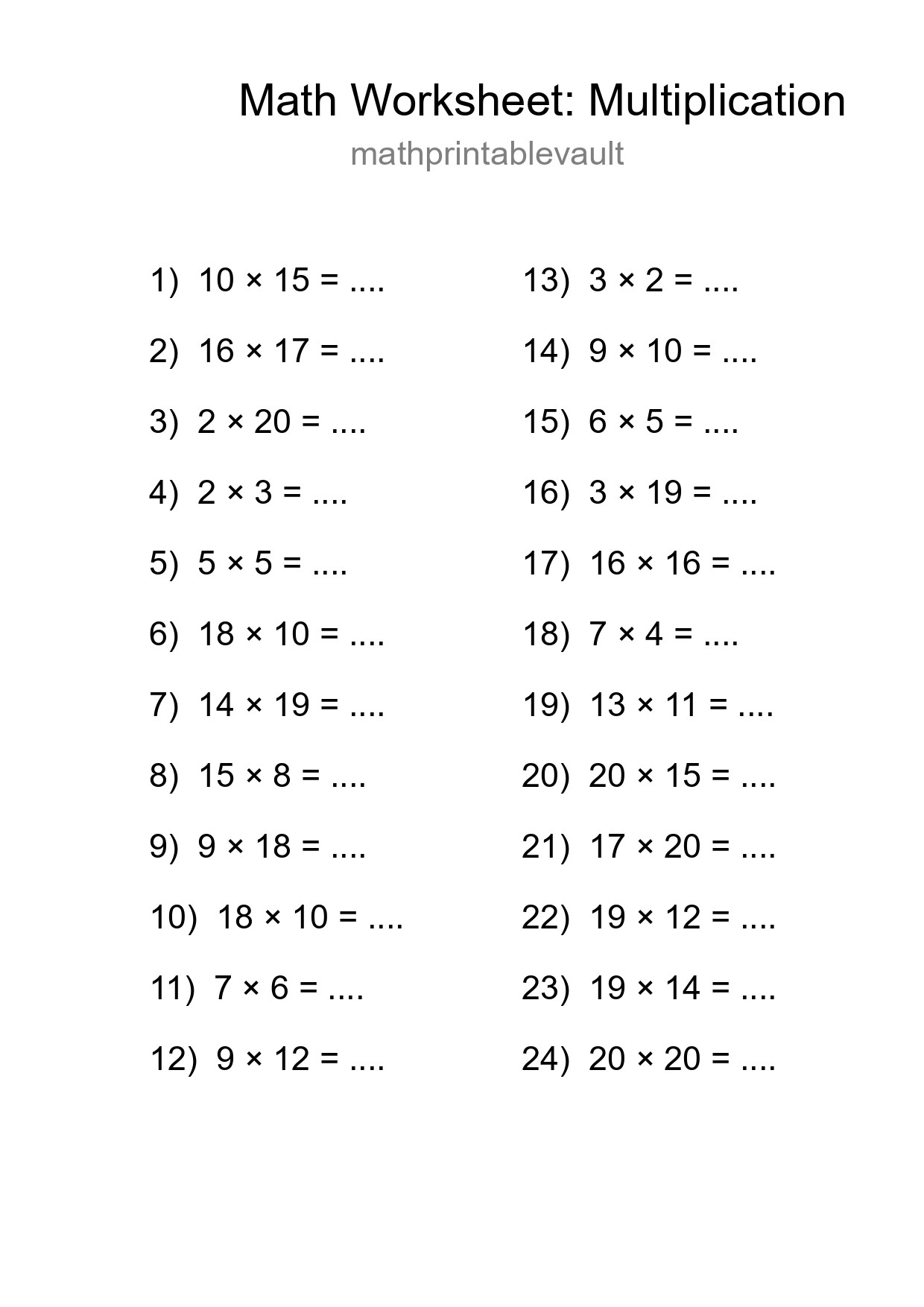 Printable Multiplication Worksheet for Grade 2