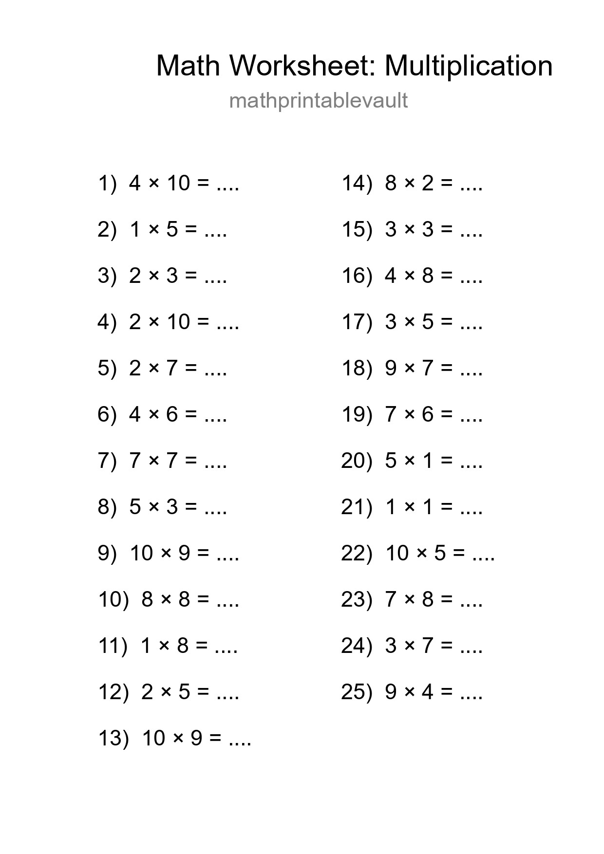 Printable Free 25 Multiplication Math Worksheet For Grade 1 - Part 73