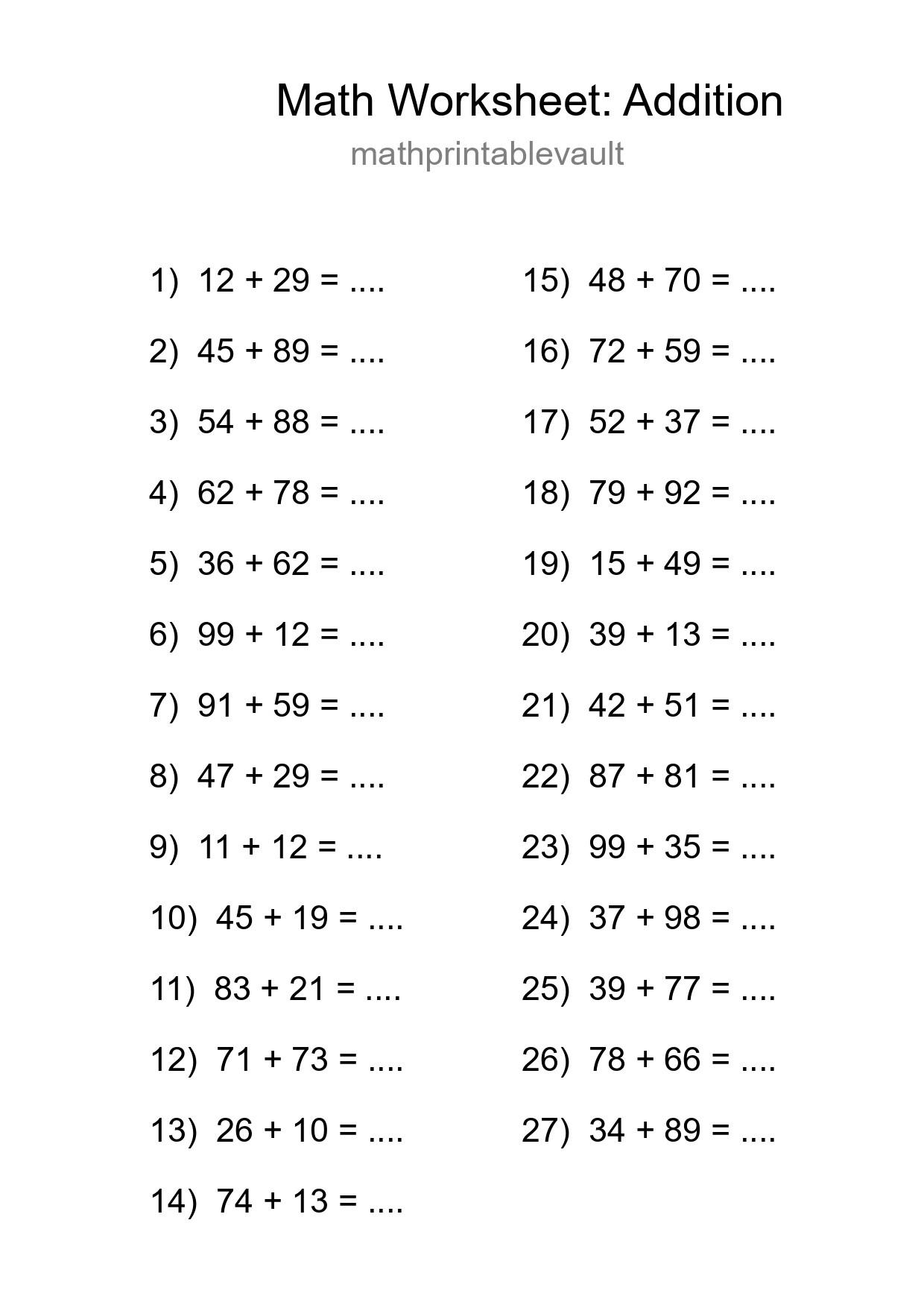 Printable Free 27 Addition Math Worksheet For Grade 3 - Part 34
