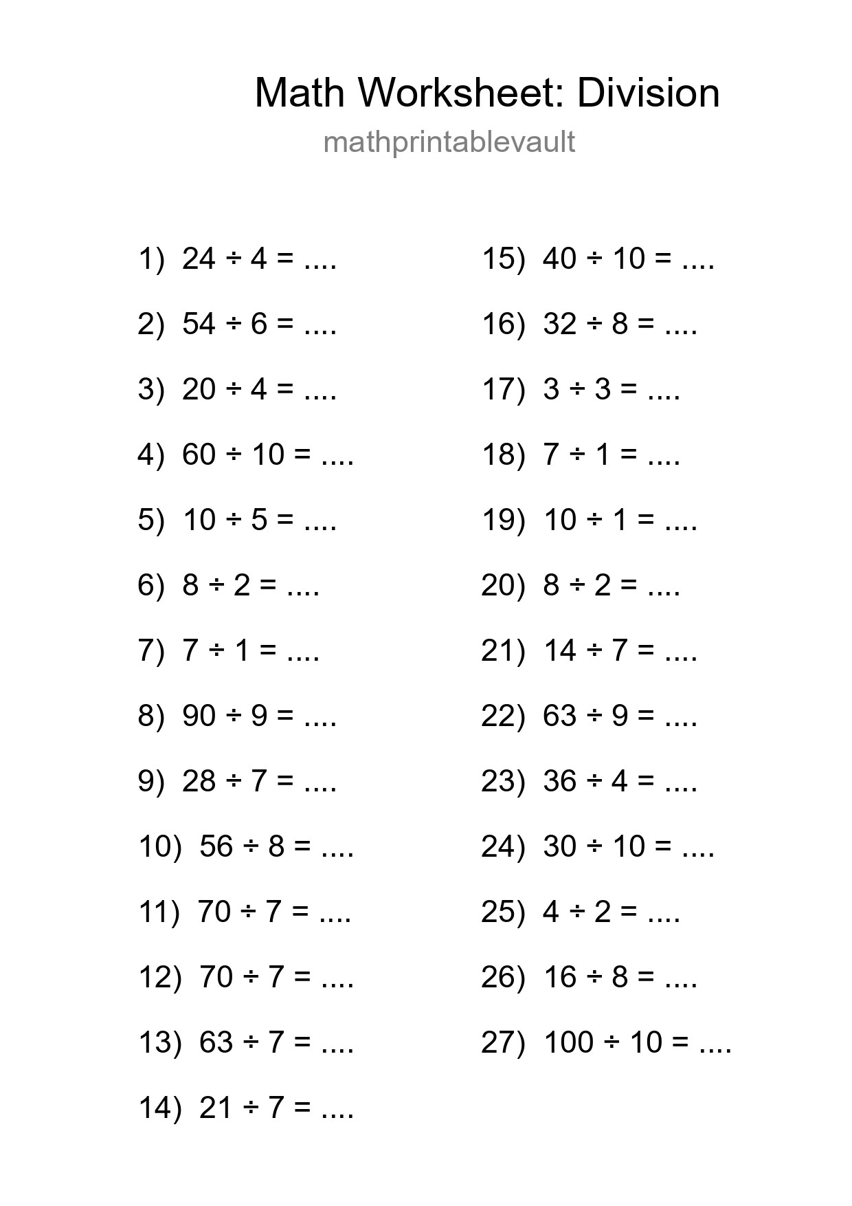 Printable Free 27 Division Math Worksheet For Grade 1 - Part 37