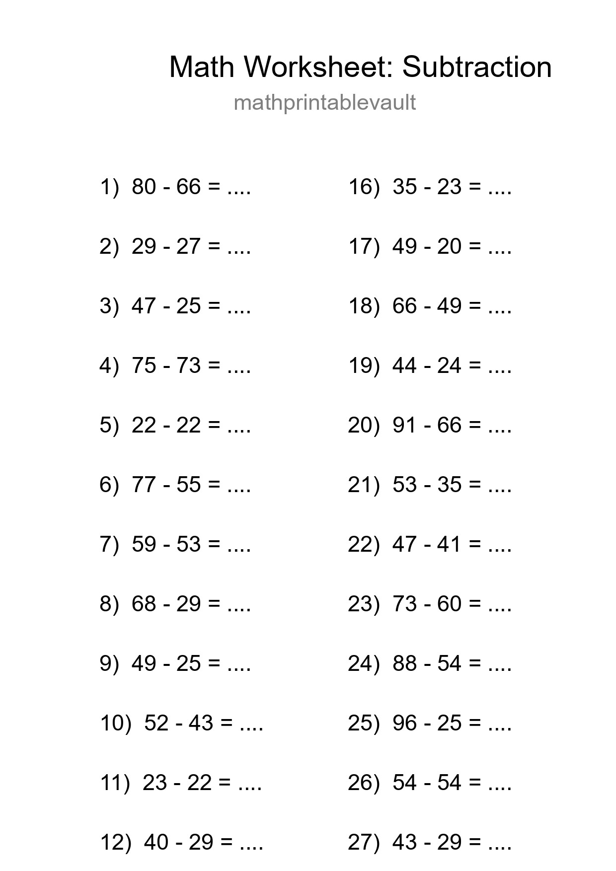 Printable Subtraction Worksheet for Grade 3