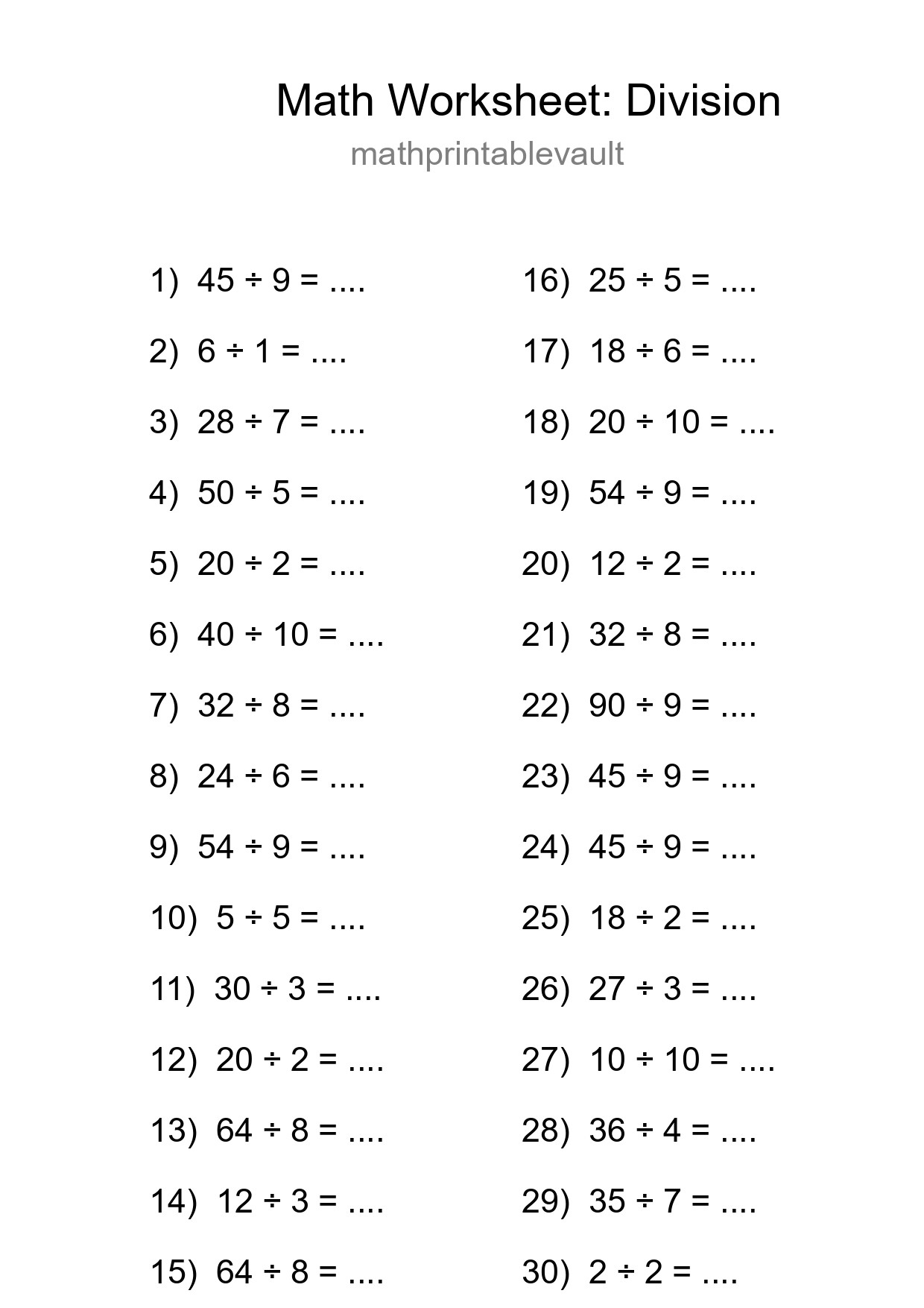 Printable Free 30 Division Math Worksheet For Grade 1 - Part 158